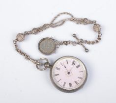 A Victorian silver fob watch with pink dial and Roman numeral markers. With silver albertina