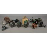 A large collection of vintage fishing reels, to include Intrepid De-Luxe, Ryobi GB2 and Sundridge