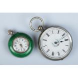 Two silver fob watches. Includes silver and guilloche enamel example along with a Continental