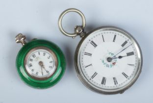 Two silver fob watches. Includes silver and guilloche enamel example along with a Continental