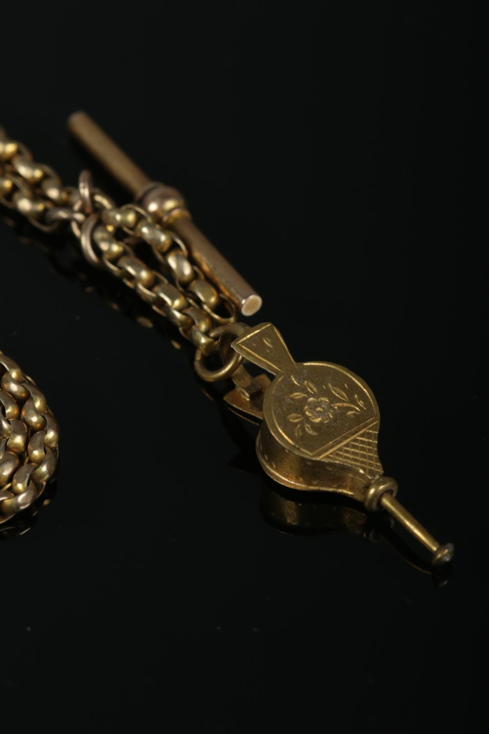 A 9ct Gold albert chain, with T fob and yellow metal charm of a pair of bellows. Length: 23cm ( - Image 2 of 2