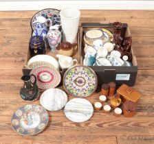 Two boxes of miscellaneous. Includes Johnson Brothers, Hornsea Saffron, Spanish plates, marble bases