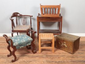A quantity of assorted furniture, to include corner chair, canterbury, two tier tea trolley and