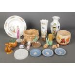 A tray of assorted ceramics to include Royal Copenhagen Autumn relief plaque, Slyvac, Aynsley