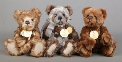 Three Charlie Bears jointed teddy bears. Bertie (CB194539), Button (CB194513) and Blair (CB194535B).