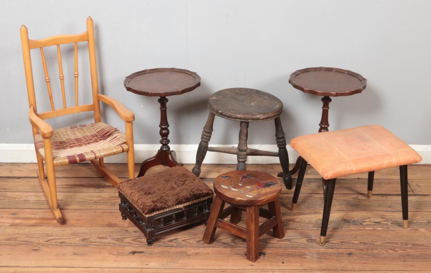 A quantity of small furniture including a milking stool, two wine tables, footstools and child