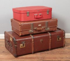 Two vintage suitcases; Paxall and Topflite, together with a wooden bound travel trunk.