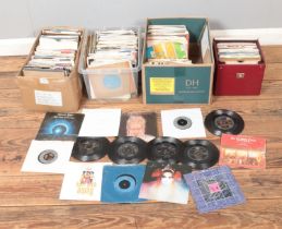 Three boxes and one carry case of assorted vinyl records of mainly pop and easy listening to include