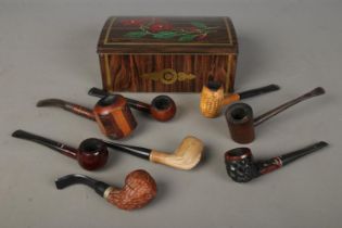 A collection of vintage smoking pipe including Bruken and cup & claw examples in a vintage tin.