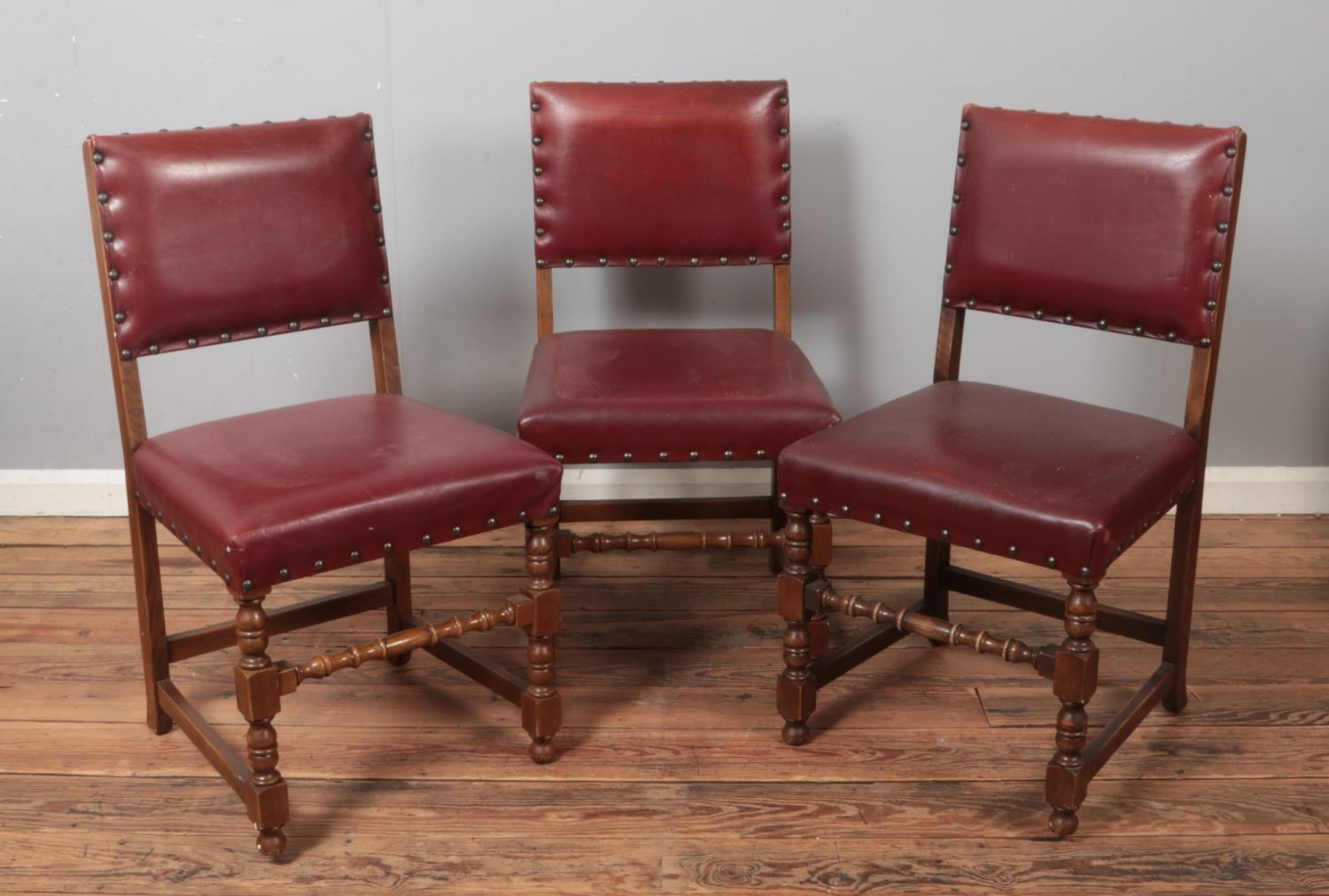 A set of six oak and red leather dining chairs. Includes two carvers. - Image 3 of 3