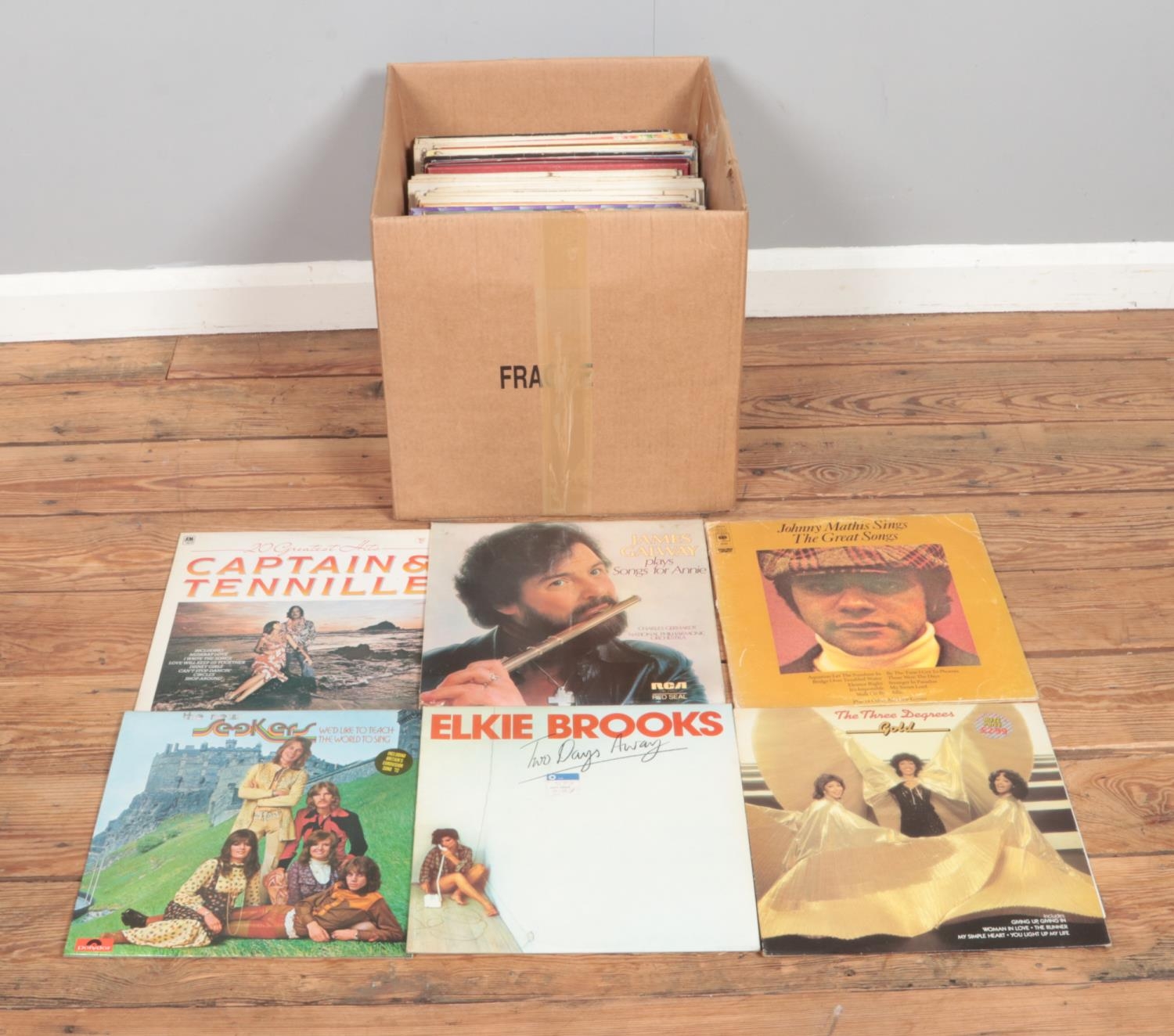 A box of assorted records, including easy listening and classical examples. To include Johnny