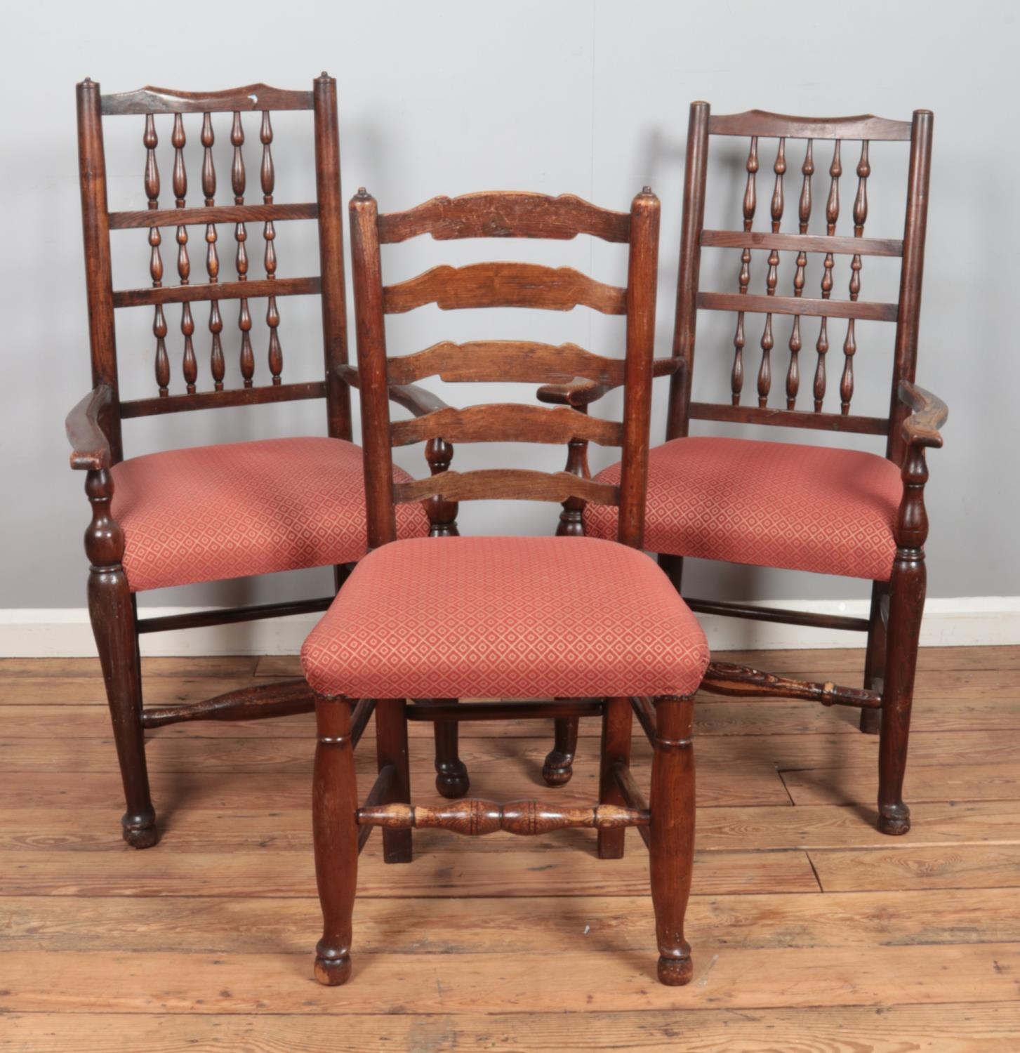 A set of four ladder back dining chairs along with two similar carver examples. - Image 2 of 2