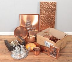 Two boxes of metalwares. Includes copper wall art, silver plated items, cutlery etc.