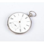 A white metal pocket watch. The curvette marked Cylindre 4 Rubis. The back of the case engraved with