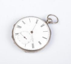 A white metal pocket watch. The curvette marked Cylindre 4 Rubis. The back of the case engraved with