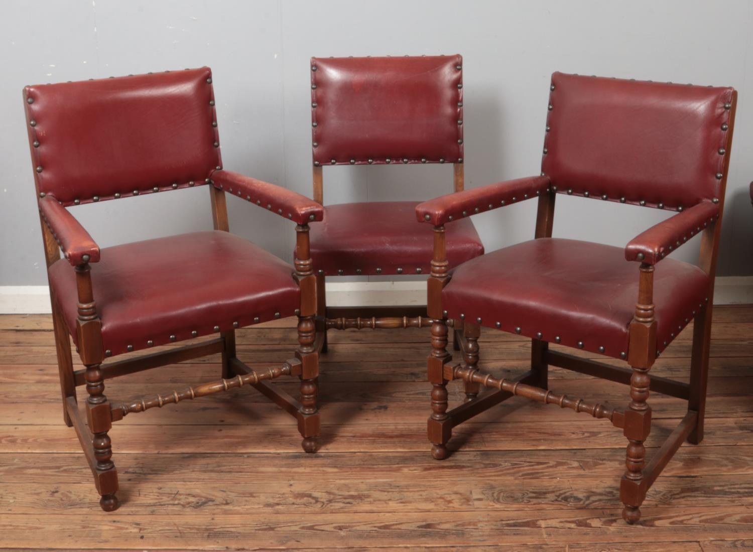 A set of six oak and red leather dining chairs. Includes two carvers. - Image 2 of 3