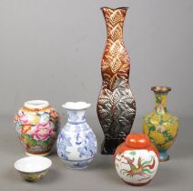 A small selection of oriental wares including ginger jar and cloisonne vase together with large