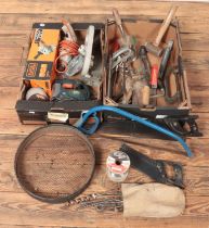 Two boxes of tools. Includes Black & Decker power tools, vintage sieve, hand saws etc.