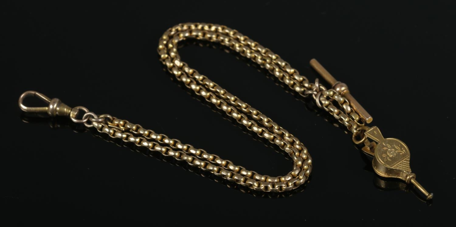 A 9ct Gold albert chain, with T fob and yellow metal charm of a pair of bellows. Length: 23cm (