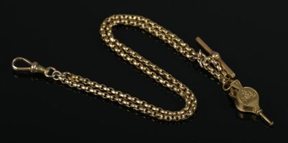 A 9ct Gold albert chain, with T fob and yellow metal charm of a pair of bellows. Length: 23cm (