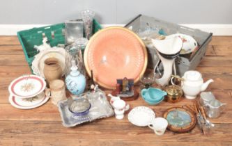 A quantity of miscellaneous collectables including white metal and blue glass hen, creamware plates,