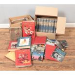 A collection of old books including the children's Encyclopedia Arthur Mee, children's annuals,