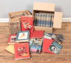 A collection of old books including the children's Encyclopedia Arthur Mee, children's annuals,