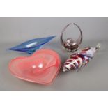 A collection of Murano style coloured art glass to include large heart shaped bowl, fish, basket,