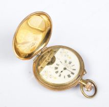 A Swiss gold plated full hunter pocket watch. The dial marked Superior Quality 8 Days. Front hinge