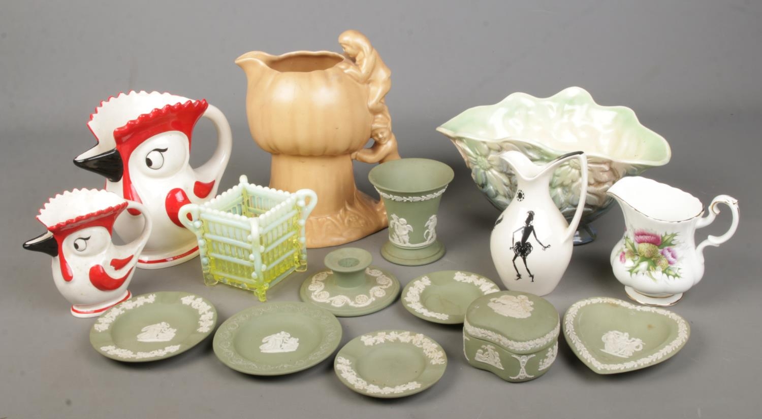 A collection of ceramics and glass. Includes Sylvac, Wedgwood jasperware, Burlington Ware,