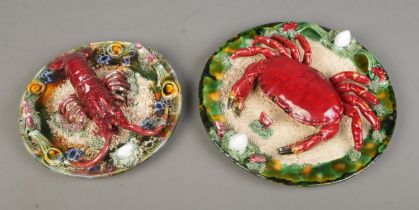 A Majolica style lobster plate along with similar large crab example stamped Roque Gaeiras Obodis to