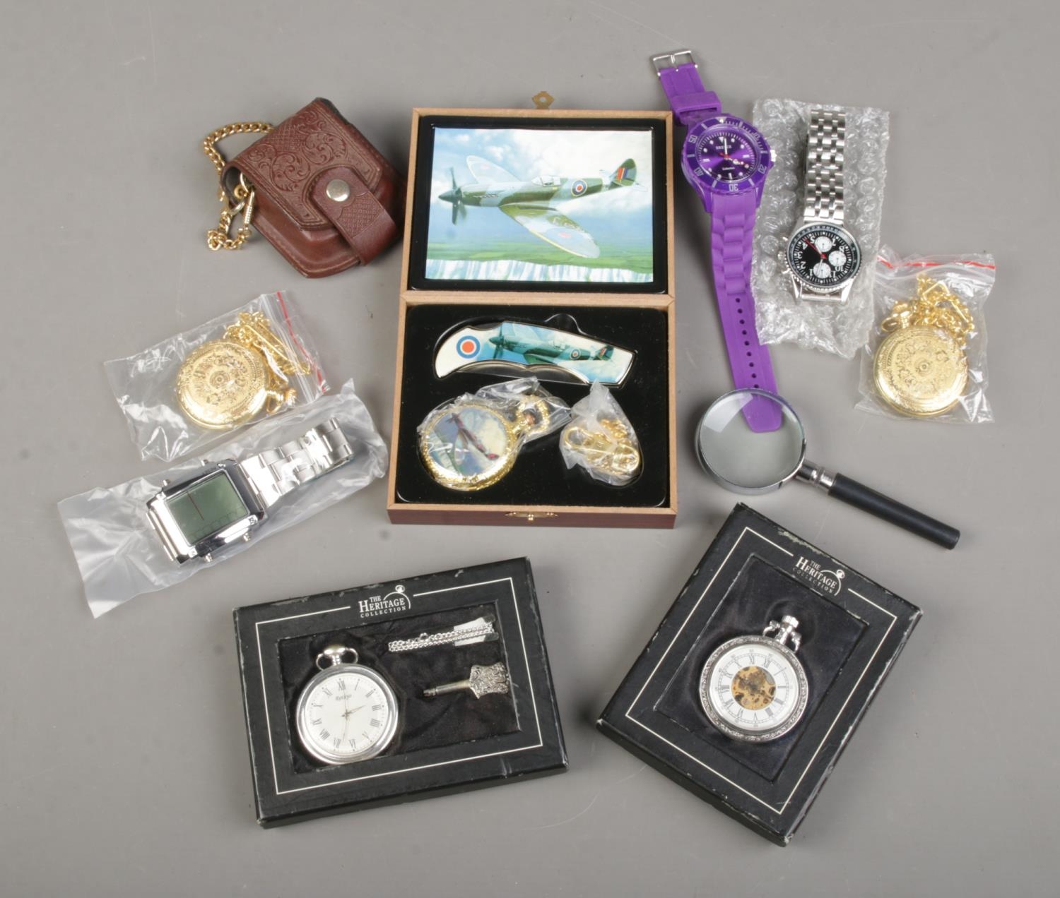A collection of modern pocket watches and other watches including examples of the Heritage