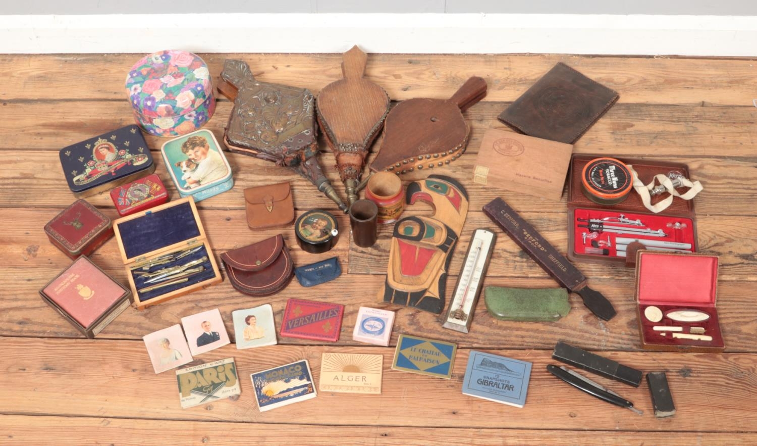 A large quantity of collectables, top include vintage tins, 'Lorrely' razor, compass set,