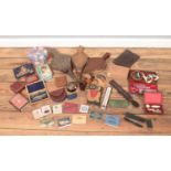 A large quantity of collectables, top include vintage tins, 'Lorrely' razor, compass set,