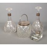 Four pieces of silver mounted glassware, to include three piece Joseph Rodgers & Sons decanter and