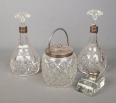 Four pieces of silver mounted glassware, to include three piece Joseph Rodgers & Sons decanter and