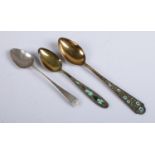 Two 875 silver and enamel, possibly Russian spoons with floral deocration, together with a silver