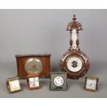 A collections of clocks, together with an R.Farr & Sons Doncaster carved aneroid barometer. To