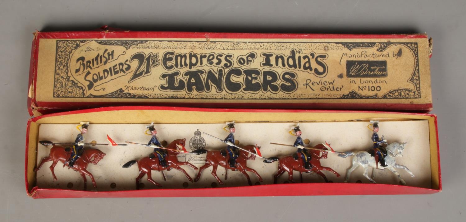 A boxed set of five W Britain (Britains) jointed lead soldiers, mounted on horseback. Set No. 100;
