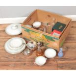 A box of miscellaneous to include Royal Doulton Berkshire part dinner service, Galway crystal,