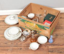 A box of miscellaneous to include Royal Doulton Berkshire part dinner service, Galway crystal,
