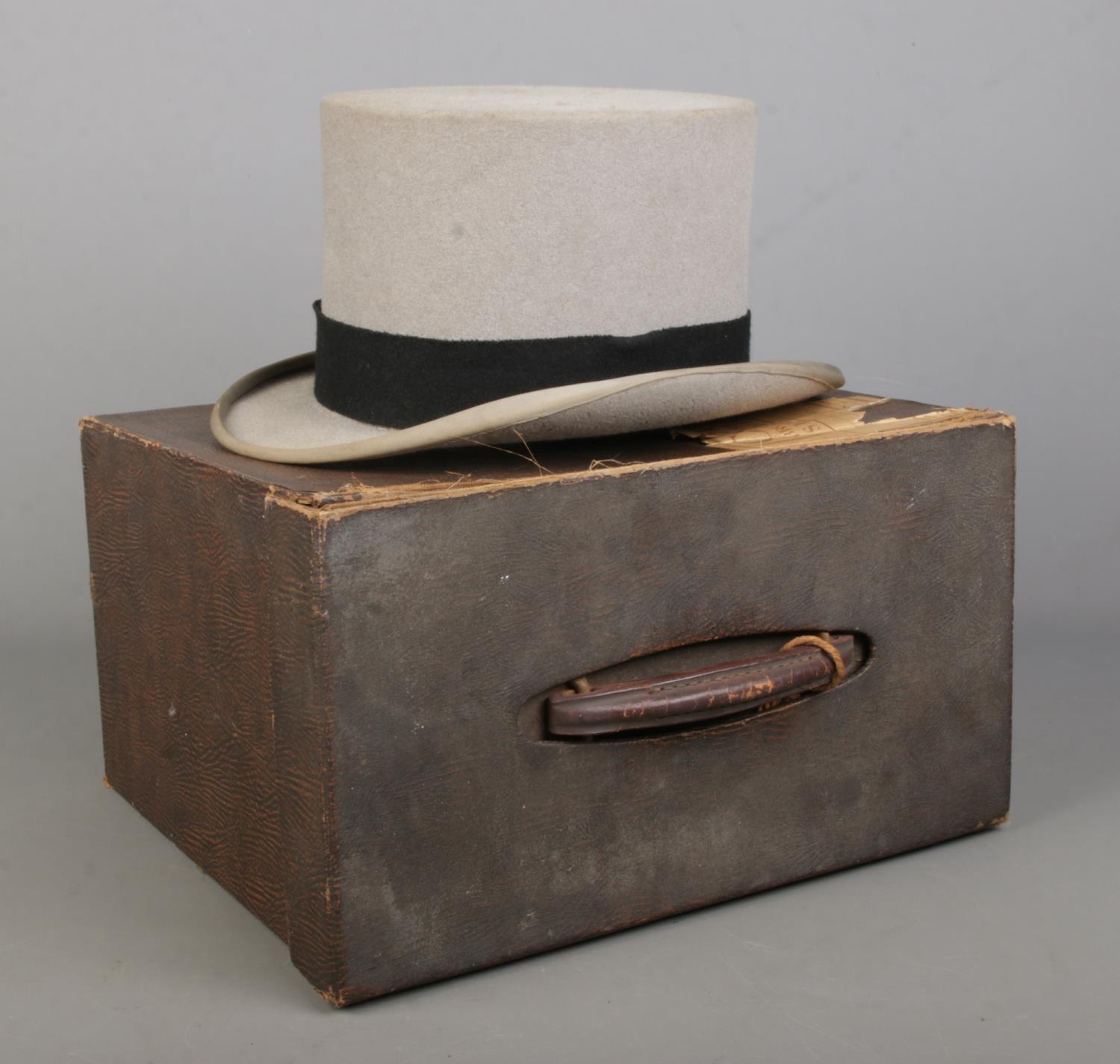 A Moss Bros grey top hat, housed in Dunn & Co box, bearing Cole Brothers label. - Image 2 of 3
