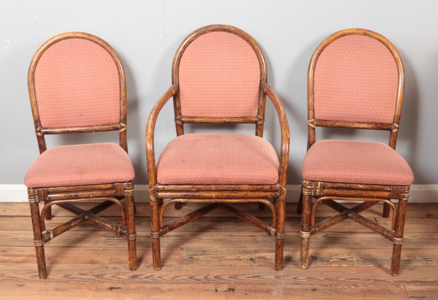 A quality set of six bamboo dining chairs with upholstered seat and back including two carvers. - Image 2 of 3