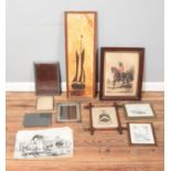 A collection of pictures, prints etchings and frames. To include coat of arms soldier on horseback