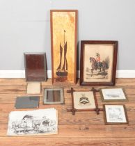 A collection of pictures, prints etchings and frames. To include coat of arms soldier on horseback