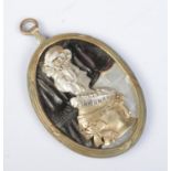 A large pendant depicting a portrait of a maiden. The portrait set in white and yellow metal, having
