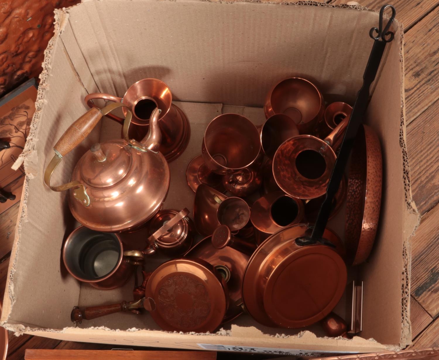 Two boxes of metalwares. Includes copper wall art, silver plated items, cutlery etc. - Image 2 of 3