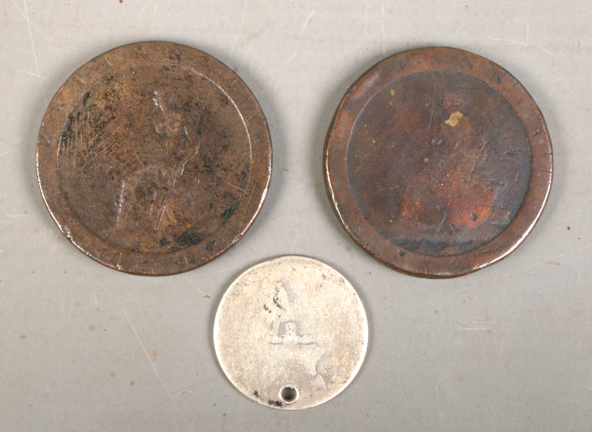 Three Georgian coins. To include two 1797 cartwheel pennies and one heavily worn silver example. - Image 2 of 2