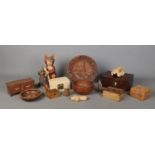 A good collection of woodenwares, to include chests, turned bowl, jewellery boxes, owl tape
