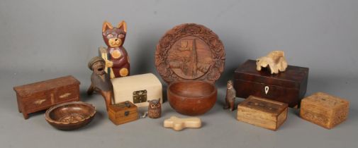 A good collection of woodenwares, to include chests, turned bowl, jewellery boxes, owl tape
